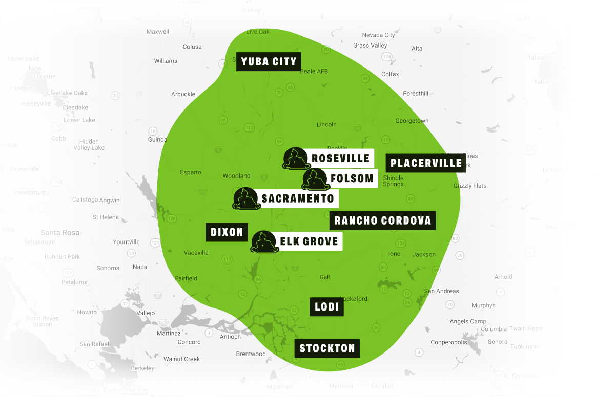 Green map overlay highlighting central California towns: Yuba City, Roseville, Folsom, Placerville, Sacramento, Dixon, Elk Grove, Rancho Cordova, Lodi, and Stockton.