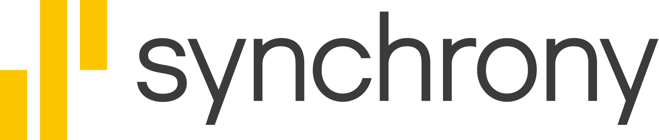 Synchrony logo: three yellow vertical bars to the left of the word Synchrony in dark gray.